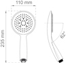 Illustration av duschhandtag med mått: 110 mm i diameter, 235 mm långt, lutning på 62 grader.