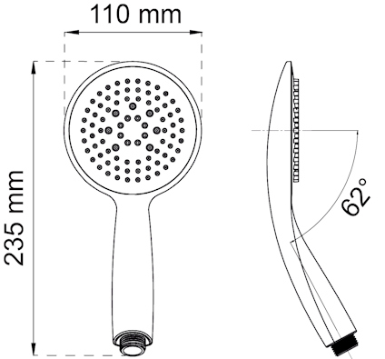 Ritning av duschhandtag med mått: 110 mm i bredd och 235 mm i längd, lutning 62 grader.