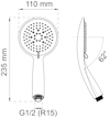 Ritning av duschhandtag med mått: 235 mm lång, 110 mm bredd. Anslutning G1/2 (R15) och 62° vinkel.