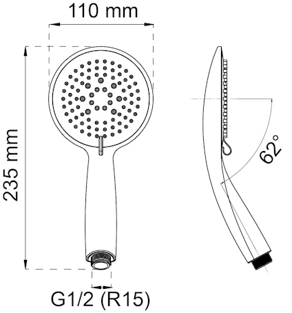 Ritning av duschhandtag med mått: 235 mm lång, 110 mm bredd. Anslutning G1/2 (R15) och 62° vinkel.