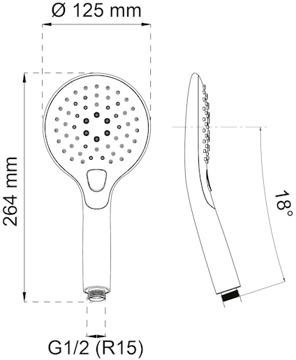 Ritning av en duschhandtag med mått: diameter 125 mm, längd 264 mm, vinklad 18 grader. Koppling G1/2 (R15).