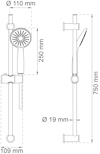 Ritning av duschset med mått: duschhuvud Ø 110 mm, stång 750 mm lång, Ø 19 mm, handtag 250 mm långt.