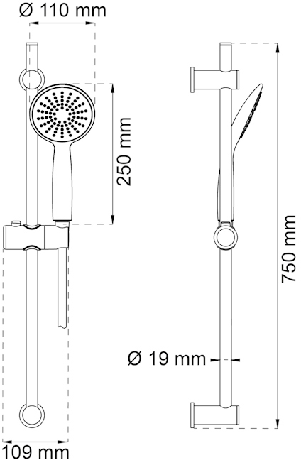 Ritning av duschset med mått: duschhuvud Ø 110 mm, stång 750 mm lång, Ø 19 mm, handtag 250 mm långt.