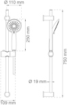 Ritning av duschset med handdusch, duschstång och måttangivelser: Ø110 mm, 250 mm, 750 mm, Ø19 mm, 109 mm.
