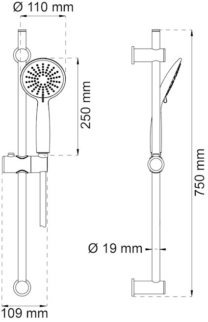 Ritning av duschset med handdusch, duschstång och måttangivelser: Ø110 mm, 250 mm, 750 mm, Ø19 mm, 109 mm.