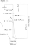 Duschteknisk ritning med mått: höjd 1000-1365 mm, golvmontering 285 mm. Övriga mått markerade i mm.