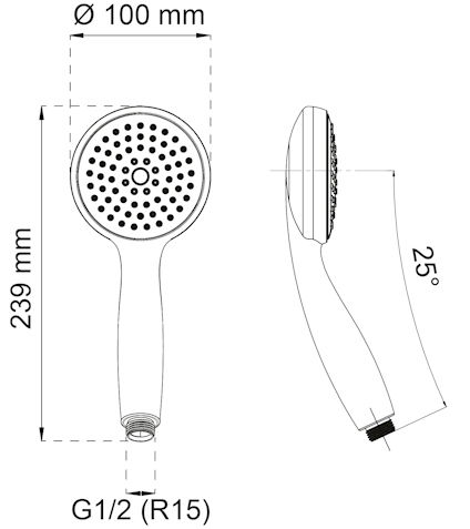 Duschhandtag med mått: längd 239 mm, duschhuvudets diameter 100 mm, anslutning G1/2 (R15), vinklad 25 grader.