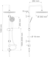 Diagram över duschsystem med två duschhuvuden, måttangivelser på engelska i millimeter.