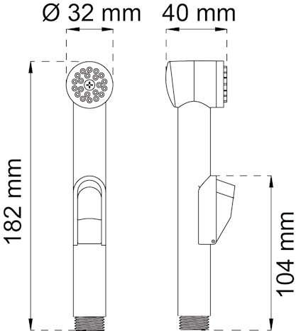Ritning av handdusche, 182 mm hög, 32 mm diameter, 40 mm bredd, 104 mm duschhuvudshöjd.