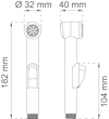 Duschhandtag med måttangivelser: längd 182 mm, diameter 32 mm för huvudet, bredd 40 mm, handtagets längd 104 mm.