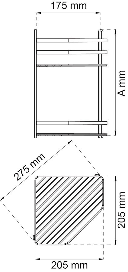 Ritning av en rektangulär struktur med mått: 175 mm bred, 275 mm och 205 mm djup.