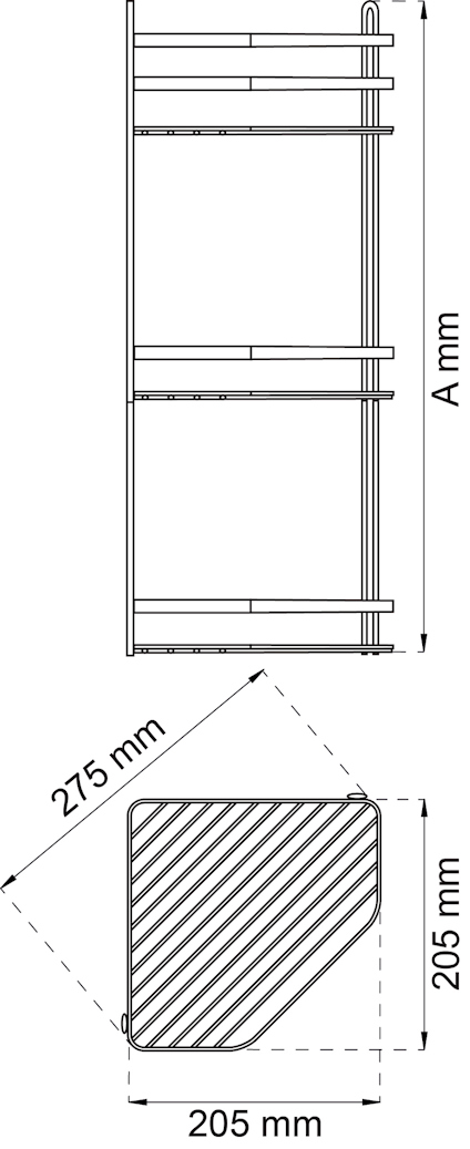 Ritning av hyllstrukturer med mått: A mm, 275 mm, 205 mm, sektion visar diagonalt streckat mönster.