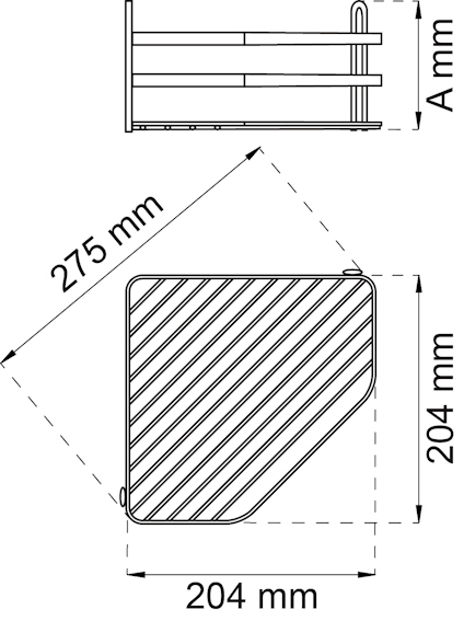 Teknisk ritning av hylla med mått 275 mm x 204 mm.  Vertikalt mått anges som A mm.
