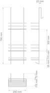 Ritning av ett metallställ med mått: höjd 780 mm, bredd 250 mm, djup 22 mm. Flera hyllor markerade.