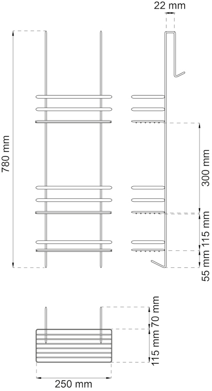 Ritning av ställning med mått: 780x250 mm, 22 mm tjock, hyllor på 115 mm avstånd.