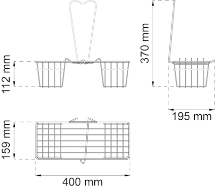 Måttskiss av en trådkorg visar bredd 400 mm, djup 195 mm, höjd 370 mm. Flertalet detaljerade storlekar markerade.