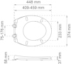 Ritning av toalettlock med mått: 448 mm bredd, 409-459 mm djup, 233 mm mindre djup, och tjocklek 58 mm fram, 37 mm bak.