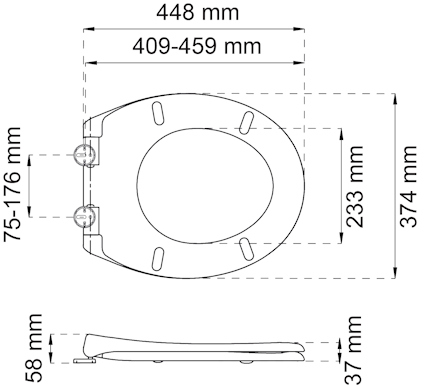 Ritning av toalettlock med mått: 448 mm bredd, 409-459 mm djup, 233 mm mindre djup, och tjocklek 58 mm fram, 37 mm bak.