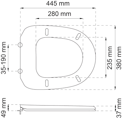 Ritning av toalettsits med totalmått 445 mm x 380 mm. Skalstreck och dimensioner visas.