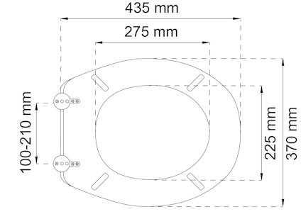 Toalettsits ritning med mått: 435 mm längd, 370 mm bredd, 275 mm mellan fästen och justerbar fästavstånd 100-210 mm.
