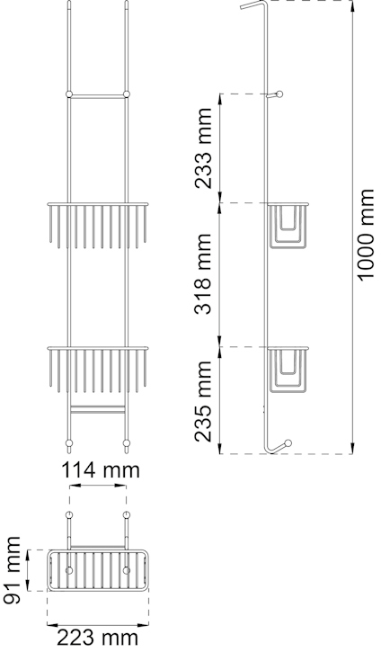 Ritning av monteringsinstruktion för hängande hylla, mått: 1000x223x91 mm.