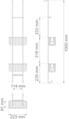 Skiss av hyllsystem med två korgar; dimensioner: 1000 mm höjd, 235 mm djup, 223 mm bred. Korgarnas höjd: 318 mm och 233 mm.