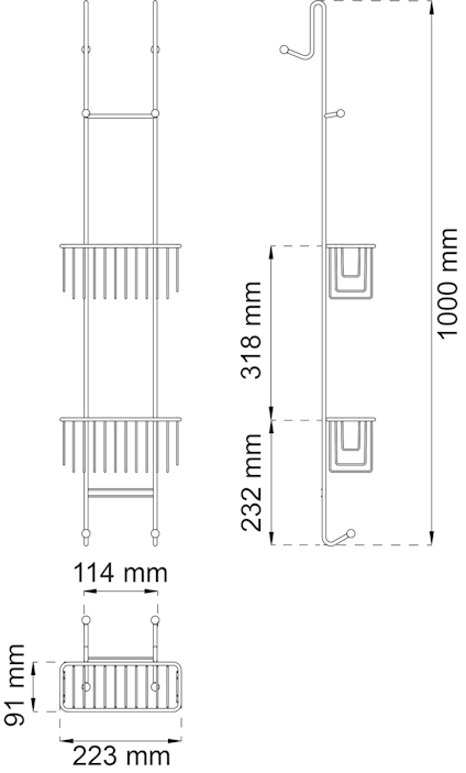 Diagram av duschhylla med två korgar, mått: 1000 mm hög, korgmått 232 mm och 318 mm. Total bredd 223 mm.