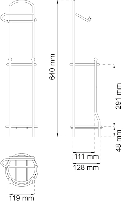 Ritning av ett väggmonterat metallföremål med mått: 640 mm, 119 mm, 128 mm, 48 mm, 291 mm.