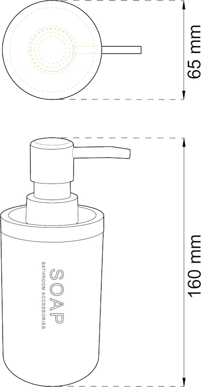 Skiss av tvålpump med mått: höjd 160 mm, diameter 65 mm. Text "SOAP" på flaskan.