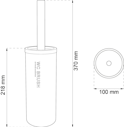 Svartvit ritning av en toalettborste med hållare. Höjd: 370 mm, diameter: 100 mm. Text: "WC BRUSH".