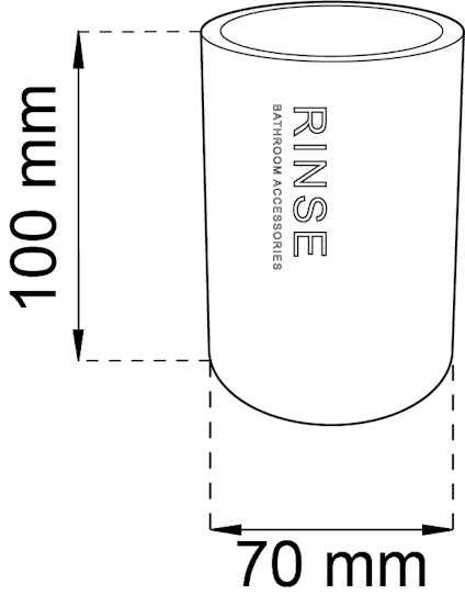 Cylindrisk behållare med text "RINSE BATHROOM ACCESSORIES", 100 mm hög och 70 mm bred.