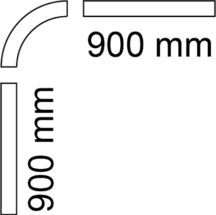 Illustration av en rätvinklig böjning, där båda sidor mäter 900 mm.