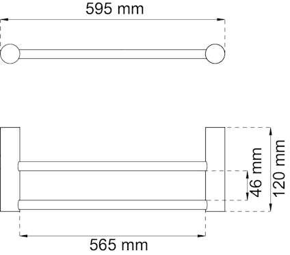 Diagram av rundstång med måtten 595 mm längd, 120 mm höjd, 46 mm diameter, och 565 mm mellan fästpunkterna.