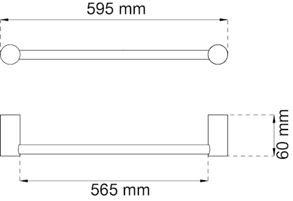 Ritning av en stång med måtten 595 mm i bredd och 60 mm i höjd, inre bredd 565 mm.