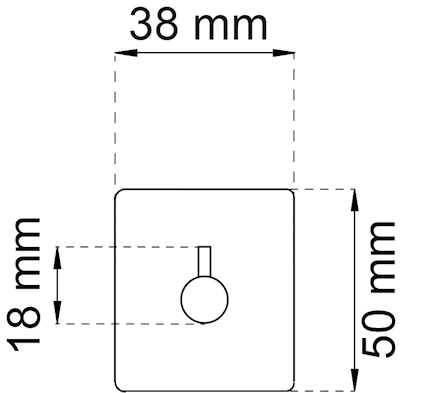 Diagram av en fyrkant med rund utbuktning i mitten. Måtten anger 38 mm bredd, 18 mm till runda delen, och 50 mm höjd.