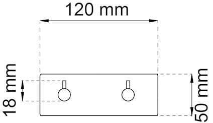 Rektangulär platta med måtten 120 mm x 50 mm och två symmetriska cirkelhål. Plattans tjocklek är 18 mm.