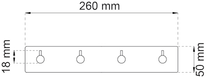 Rektangulär enhet med fem runda hål, mått: 260 mm bred, 50 mm hög, 18 mm djup.