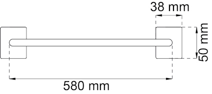 Enkel ritning av en handdukshållare med måtten 580 mm i bredd, 38 mm djup och 50 mm i höjd.