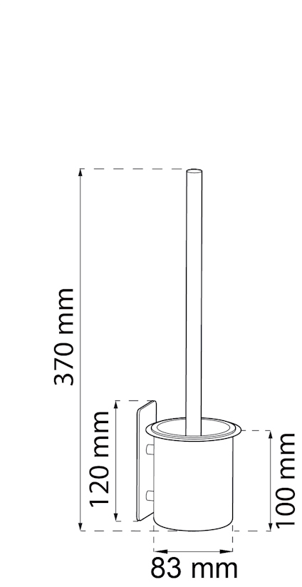 Ritning av toalettborste med hållare. Mått: 370 mm höjd, 120 mm väggfäste höjd, 83 mm bredd, 100 mm djup.