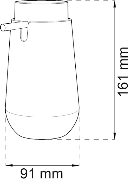 Skiss av en tvåldispenser med mått: höjd 161 mm och basbredd 91 mm.
