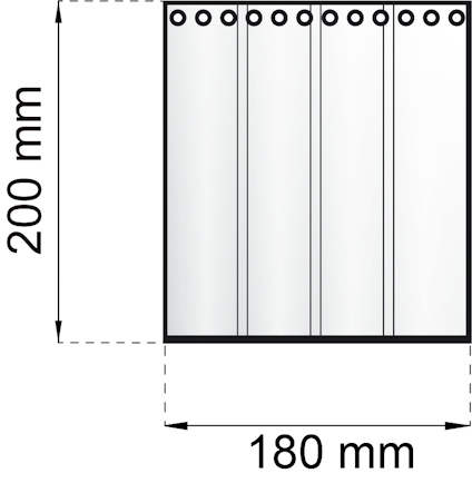 Ritning av duschdraperi, 200 mm x 180 mm, med ringfästen.