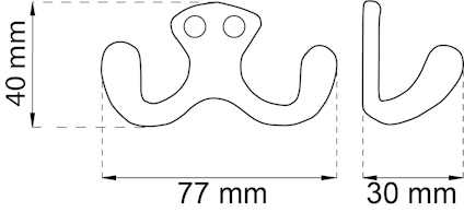 Illustration av en krok med måtten 40x77x30 mm.