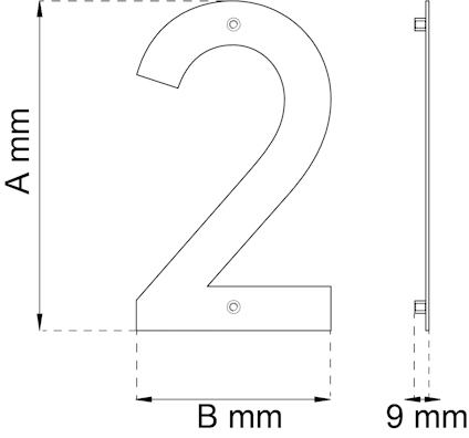 Ritning av en siffra "2" med måttangivelser A, B och 9 mm tjocklek.
