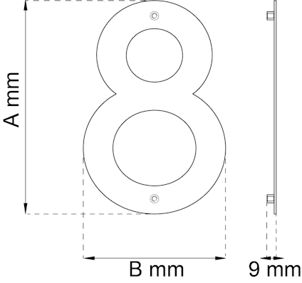 Illustration av en siffra åtta i genomskärning med måtten A mm och B mm angivna. Tjocklek 9 mm.