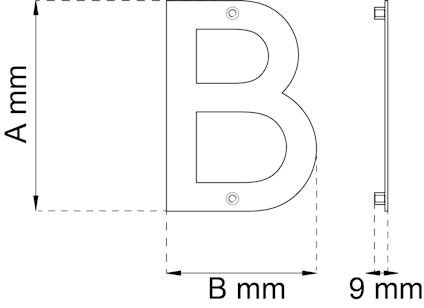Ritning av bokstaven B med måttspecifikationer A mm, B mm och tjocklek 9 mm.