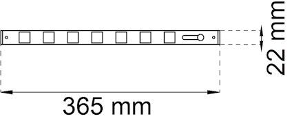 Ritning av en rektangulär metallstång, 365 mm lång och 22 mm bred, med kvadratiska hål och ett runt hål i änden.