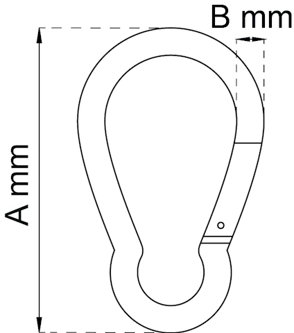 Diagram av karbinhake med höjd A mm och bredd B mm, med öppningsmekanism markerad.