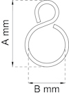 Ritning av en metallkrok med måtten A mm och B mm markerade längs längden och bredden.