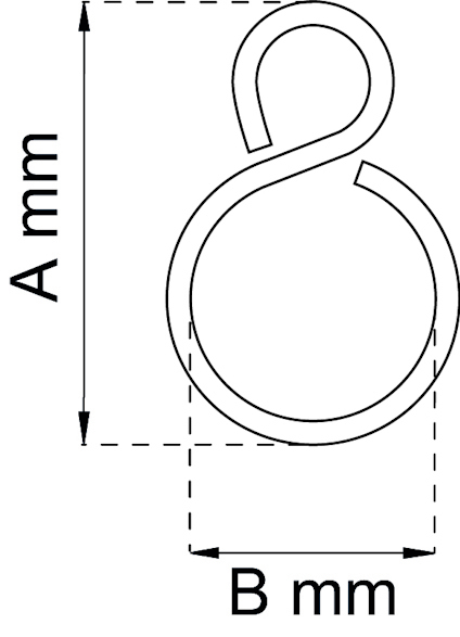 Ritning av en metallkrok med måtten A mm och B mm markerade längs längden och bredden.