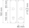 Ritning av dörrhandtagsskyltar med mått: 180x46 mm, centrumhål 15,2 mm, hålavstånd 100 mm och nyckelhål nedanför.